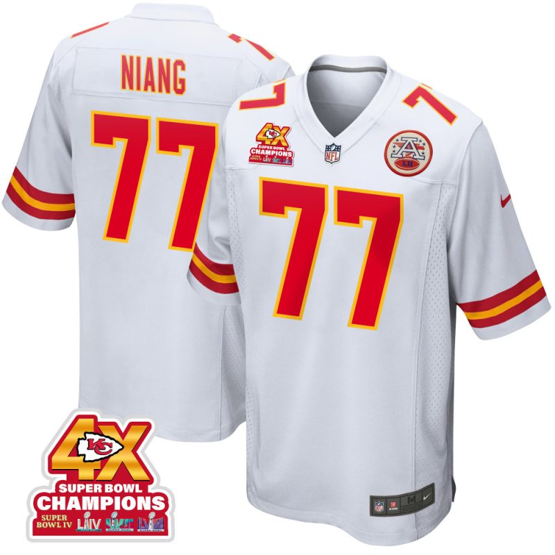 lucas niang 77 kansas city chiefs super bowl lviii champions 4x game men jersey white