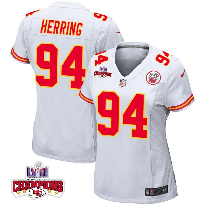 malik herring 94 kansas city chiefs super bowl lviii champions 4 stars patch game women jersey white