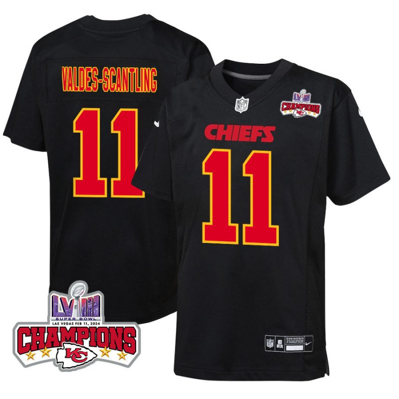 marquez valdes scantling 11 kansas city chiefs super bowl lviii champions 4 stars patch fashion game youth jersey carbon black