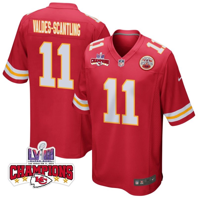 marquez valdes scantling 11 kansas city chiefs super bowl lviii champions 4 stars patch game men jersey red