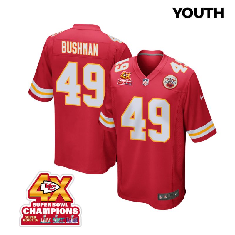 matt bushman 49 kansas city chiefs super bowl lviii champions 4x game youth jersey red