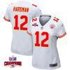 mecole hardman 12 kansas city chiefs super bowl lviii champions 4 stars patch game women jersey white