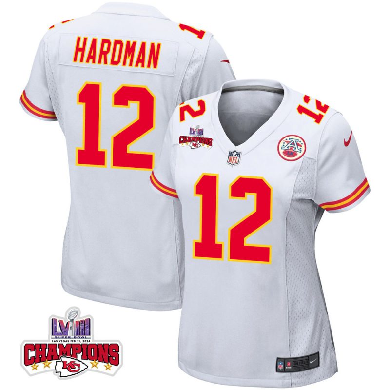 mecole hardman 12 kansas city chiefs super bowl lviii champions 4 stars patch game women jersey white