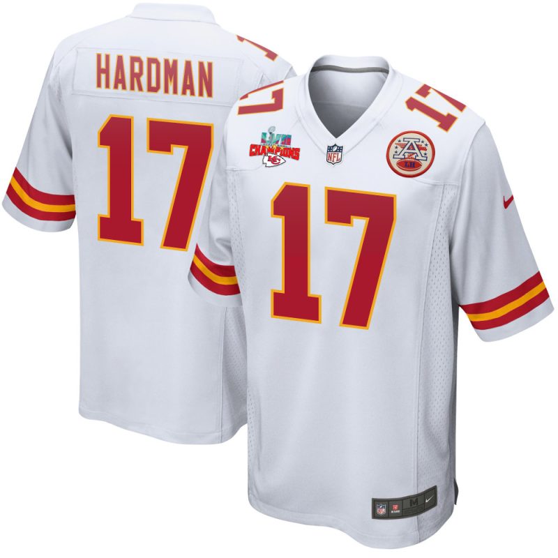 mecole hardman 17 kansas city chiefs super bowl lvii champions 3 stars men game jersey white