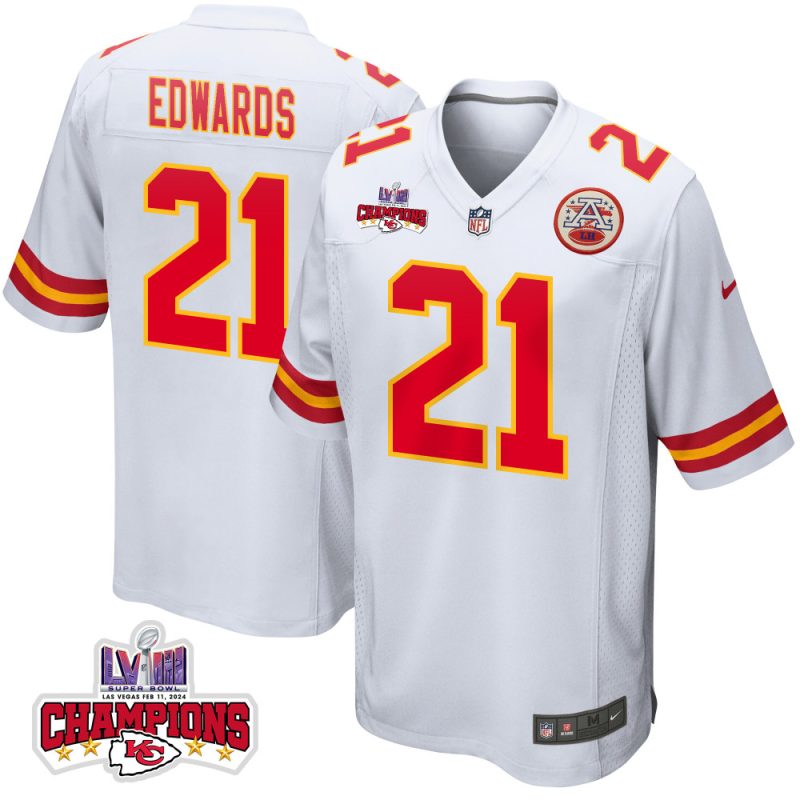 mike edwards 21 kansas city chiefs super bowl lviii champions 4 stars patch game men jersey white