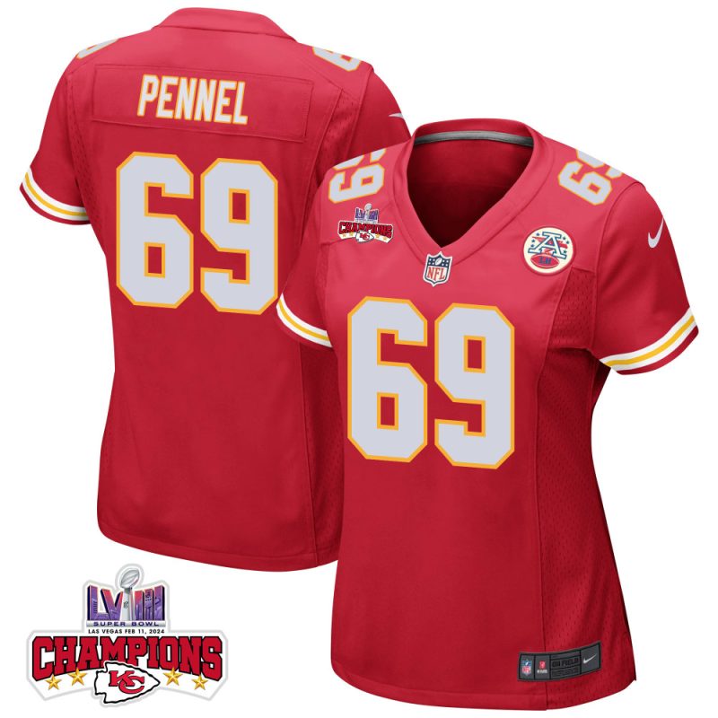 mike pennel 69 kansas city chiefs super bowl lviii champions 4 stars patch game women jersey red