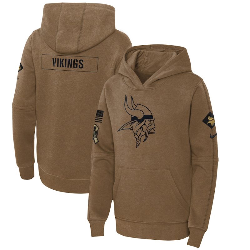 minnesota vikings youth 2023 salute to service club fleece pullover hoodie brown