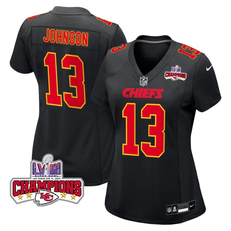 nazeeh johnson 13 kansas city chiefs super bowl lviii champions 4 stars patch fashion game women jersey carbon black