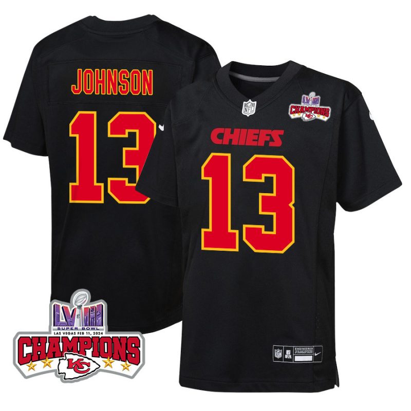 nazeeh johnson 13 kansas city chiefs super bowl lviii champions 4 stars patch fashion game youth jersey carbon black