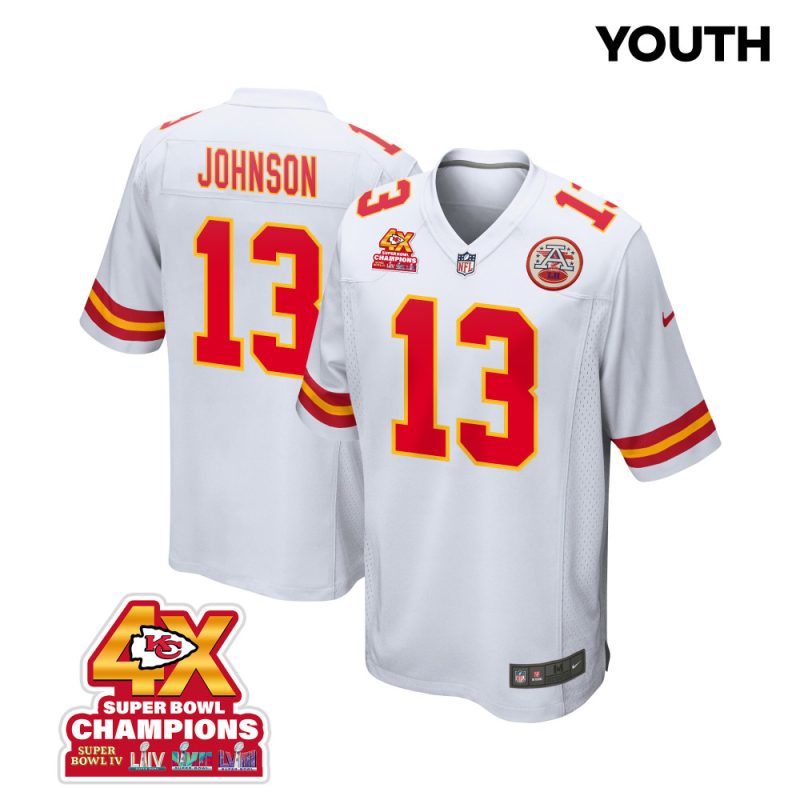 nazeeh johnson 13 kansas city chiefs super bowl lviii champions 4x game youth jersey white