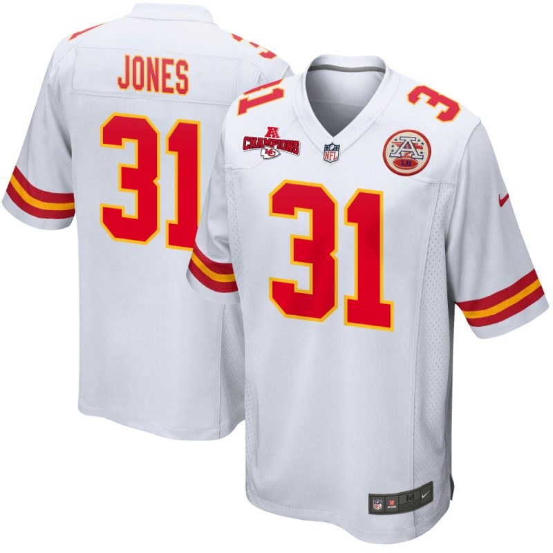 nic jones 31 kansas city chiefs afc champions patch game men jersey white