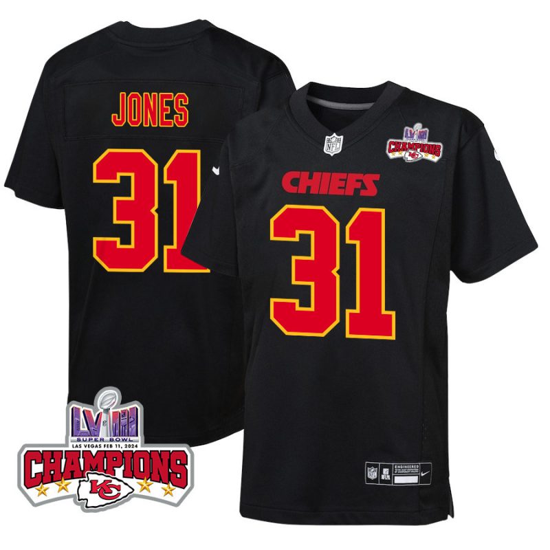 nic jones 31 kansas city chiefs super bowl lviii champions 4 stars patch fashion game youth jersey carbon black