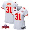 nic jones 31 kansas city chiefs super bowl lviii champions 4 stars patch game women jersey white