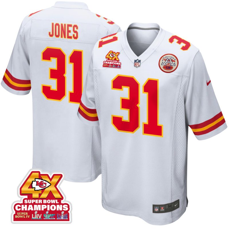 nic jones 31 kansas city chiefs super bowl lviii champions 4x game men jersey white