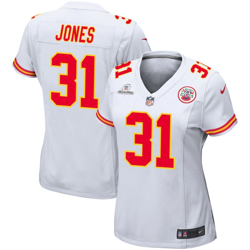 nic jones 31 kansas city chiefs super bowl lviii patch game women jersey white