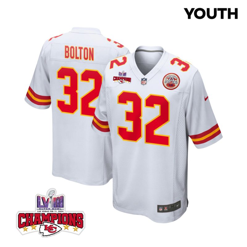 nick bolton 32 kansas city chiefs super bowl lviii champions 4 stars patch game youth jersey white