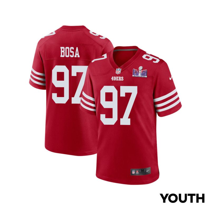 nick bosa 97 san francisco 49ers super bowl lviii patch game youth jersey scarlet