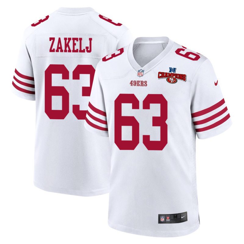 nick zakelj 63 san francisco 49ers nfc champions patch game men jersey white