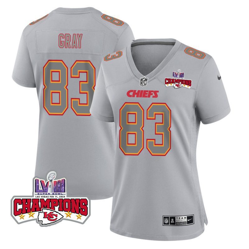 noah gray 83 kansas city chiefs super bowl lviii champions 4 stars patch atmosphere fashion game women jersey gray