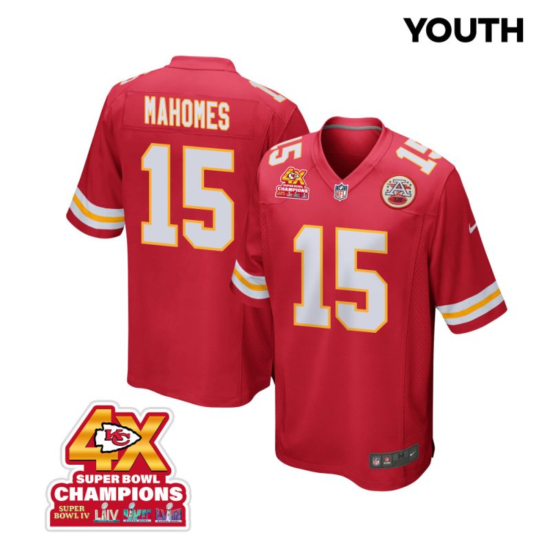 patrick mahomes 15 kansas city chiefs super bowl lviii champions 4x game youth jersey red