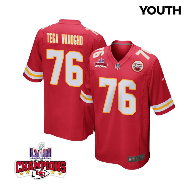 prince tega wanogho 76 kansas city chiefs super bowl lviii champions 4 stars patch game youth jersey red