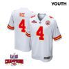 rashee rice 4 kansas city chiefs super bowl lviii champions 4 stars patch game youth jersey white