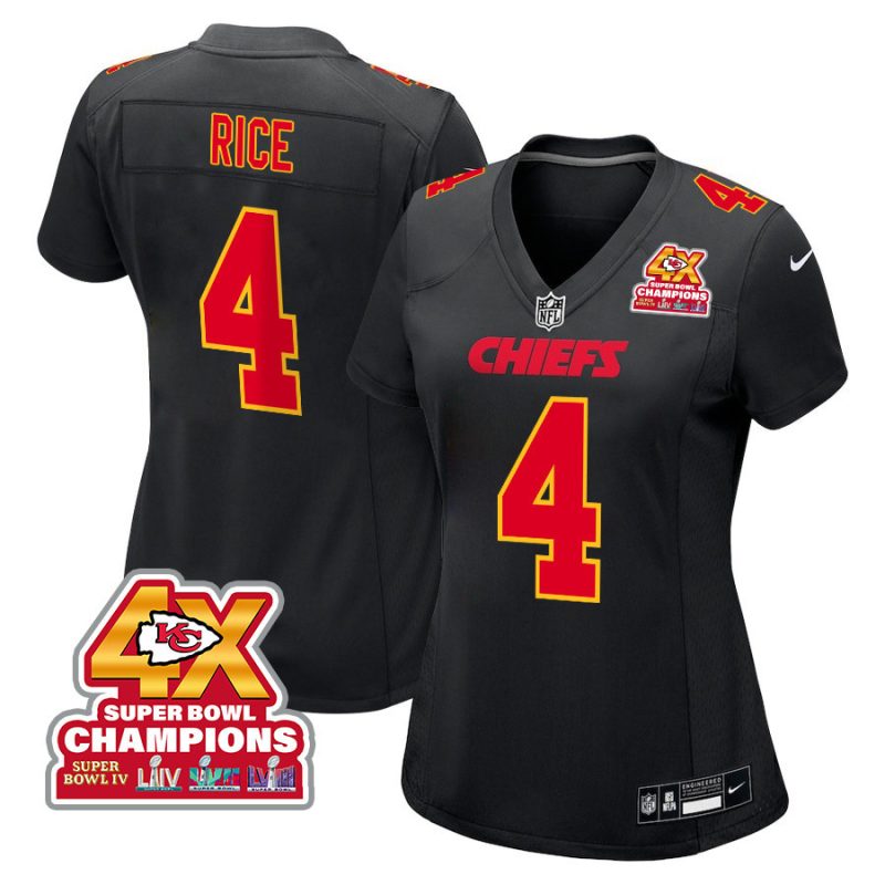 rashee rice 4 kansas city chiefs super bowl lviii champions 4x fashion game women jersey carbon black