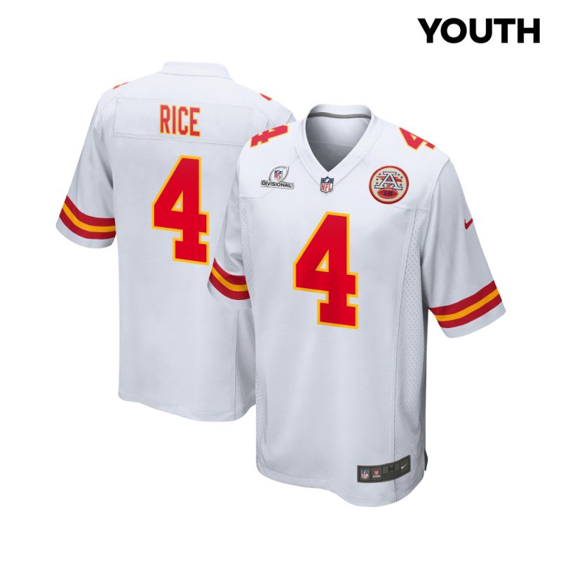 rashee rice 4 kansas city chiefs super bowl lviii patch game youth jersey white