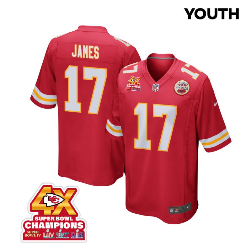 richie james 17 kansas city chiefs super bowl lviii champions 4x game youth jersey red