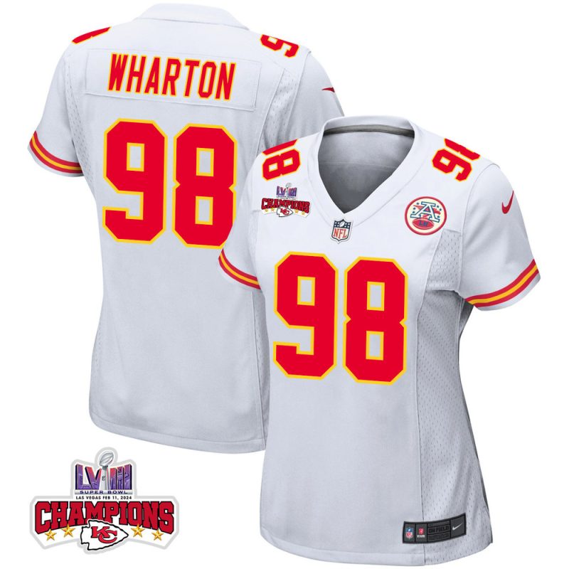 tershawn wharton 98 kansas city chiefs super bowl lviii champions 4 stars patch game women jersey white