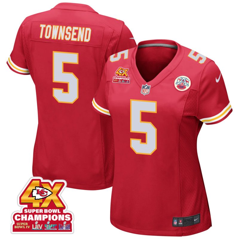 tommy townsend 5 kansas city chiefs super bowl lviii champions 4x game women jersey red