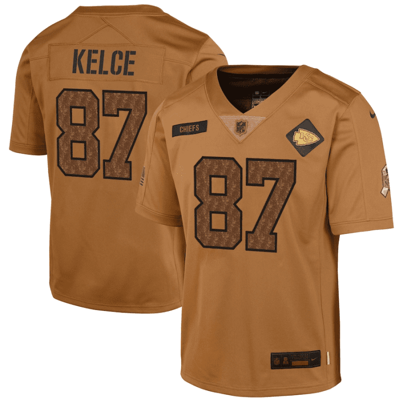 travis kelce 87 kansas city chiefs 2023 salute to service limited youth jersey brown