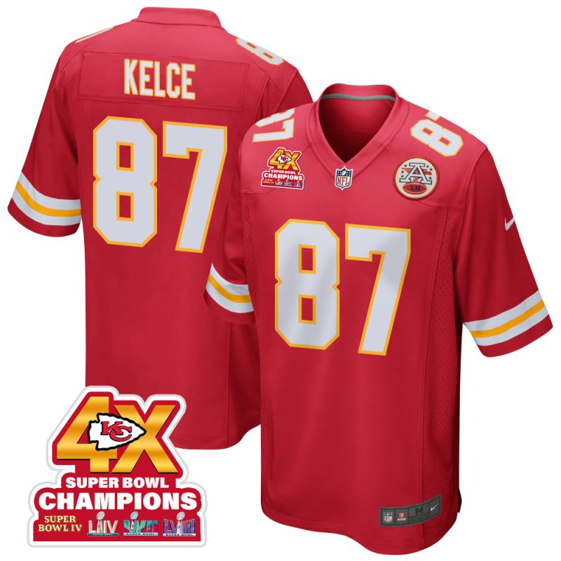 travis kelce 87 kansas city chiefs super bowl lviii champions 4x game men jersey red