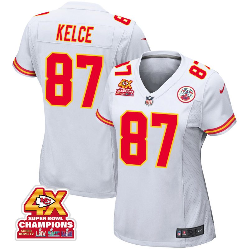 travis kelce 87 kansas city chiefs super bowl lviii champions 4x game women jersey white