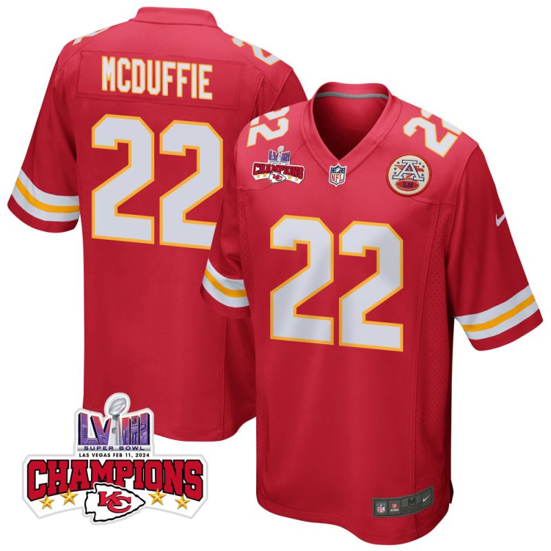 trent mcduffie 22 kansas city chiefs super bowl lviii champions 4 stars patch game men jersey red