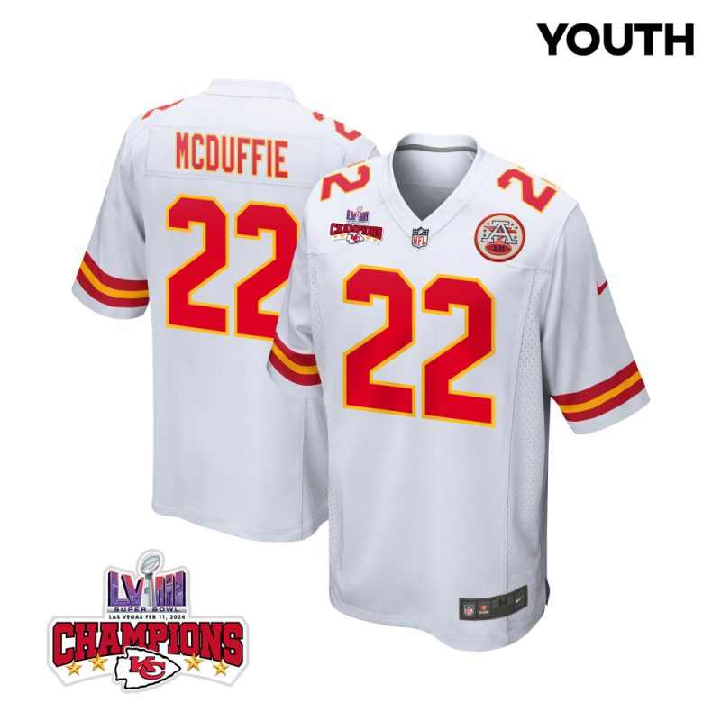 trent mcduffie 22 kansas city chiefs super bowl lviii champions 4 stars patch game youth jersey white