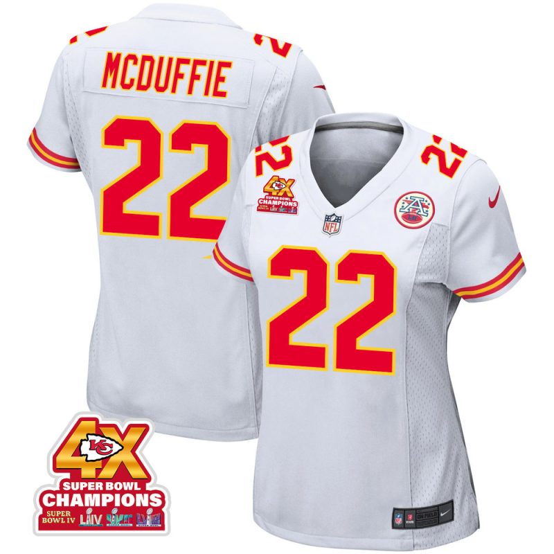 trent mcduffie 22 kansas city chiefs super bowl lviii champions 4x game women jersey white