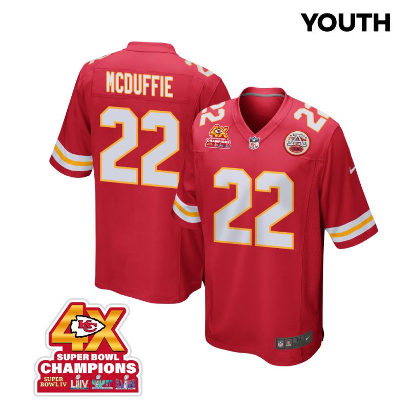 trent mcduffie 22 kansas city chiefs super bowl lviii champions 4x game youth jersey red