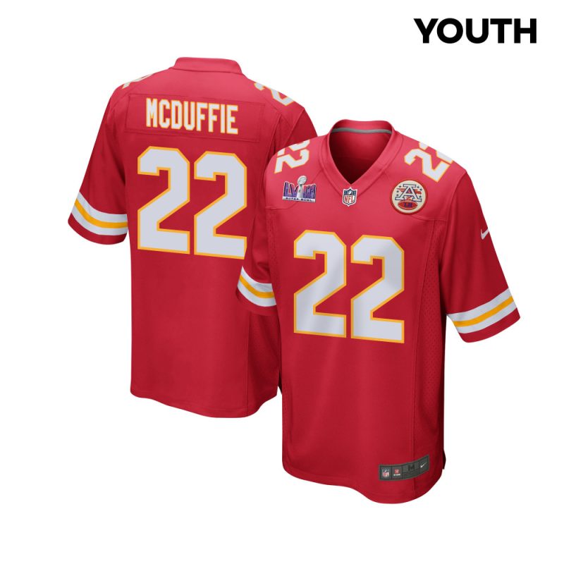 trent mcduffie 22 kansas city chiefs super bowl lviii patch game youth jersey red