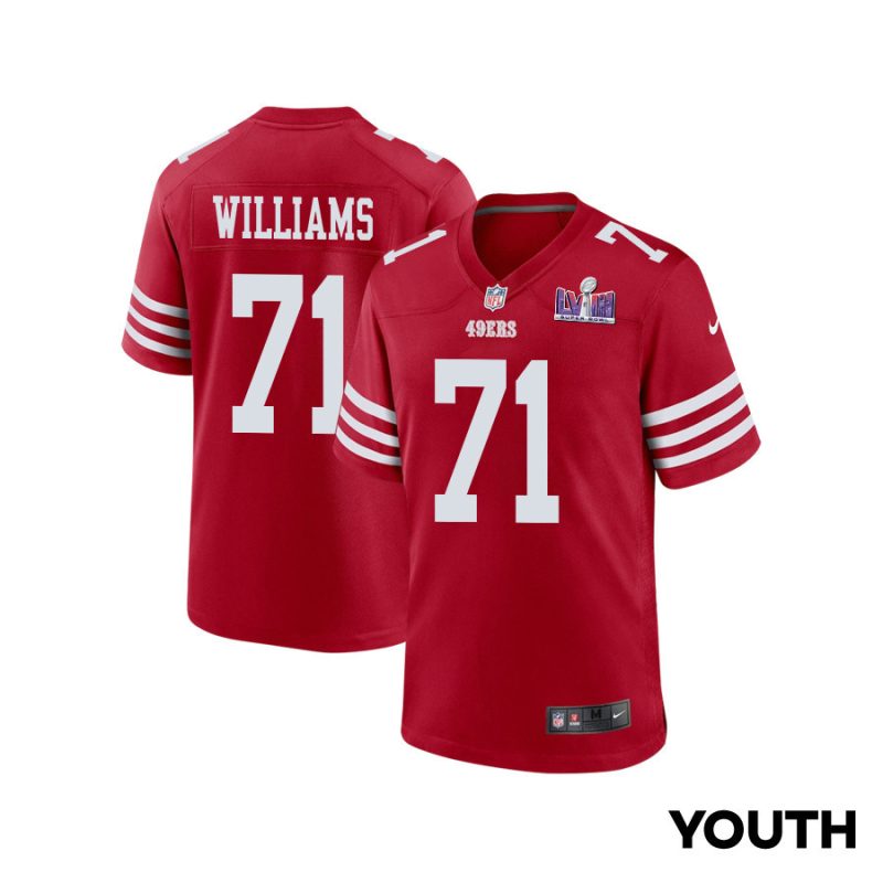 trent williams 71 san francisco 49ers super bowl lviii patch game youth jersey scarlet