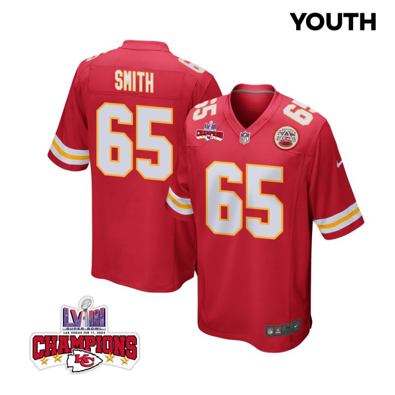 trey smith 65 kansas city chiefs super bowl lviii champions 4 stars patch game youth jersey red