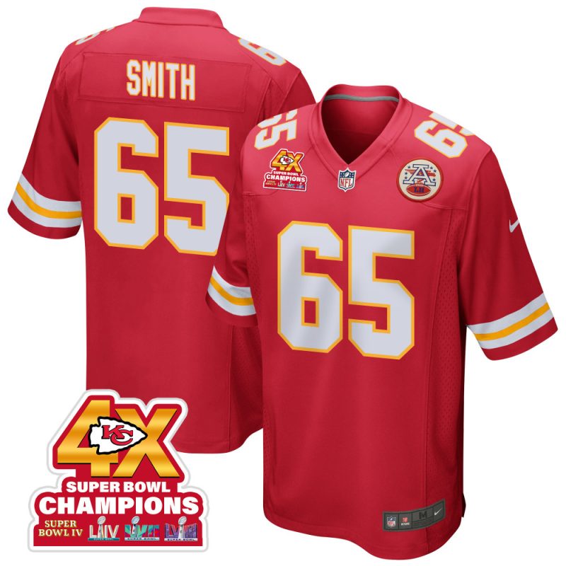 trey smith 65 kansas city chiefs super bowl lviii champions 4x game men jersey red