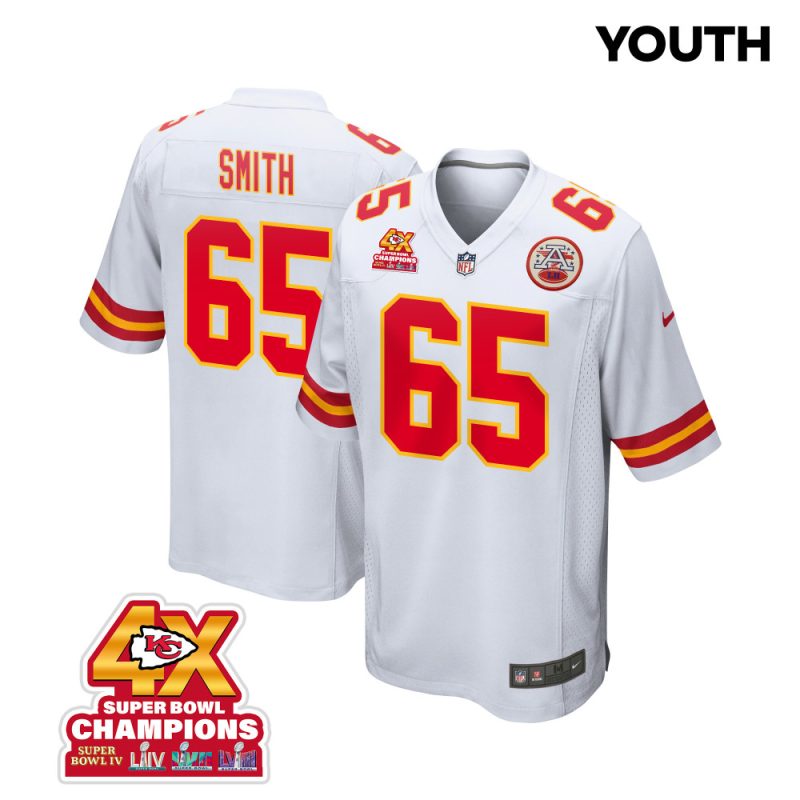 trey smith 65 kansas city chiefs super bowl lviii champions 4x game youth jersey white