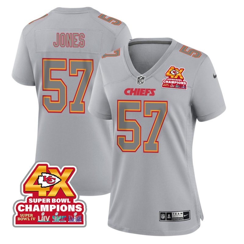 truman jones 57 kansas city chiefs super bowl lviii champions 4x atmosphere fashion game women jersey gray