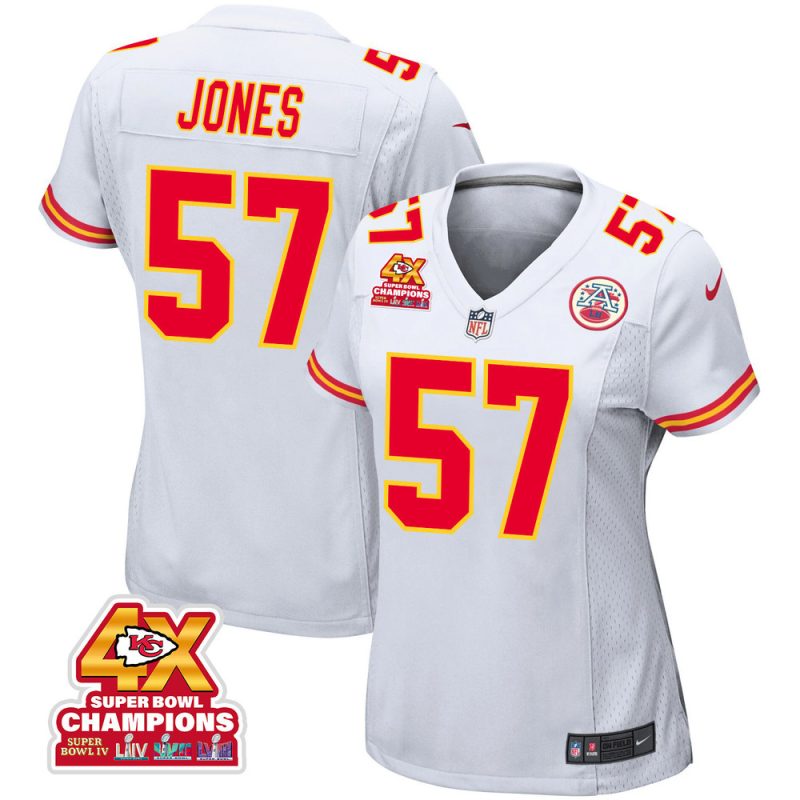 truman jones 57 kansas city chiefs super bowl lviii champions 4x game women jersey white