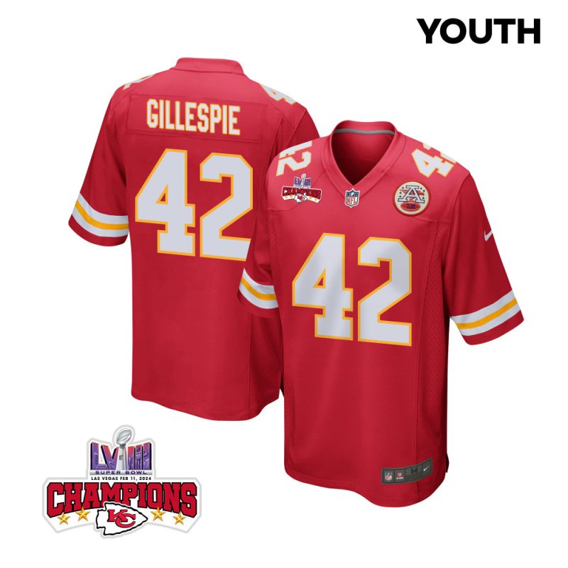 tyree gillespie 42 kansas city chiefs super bowl lviii champions 4 stars patch game youth jersey red