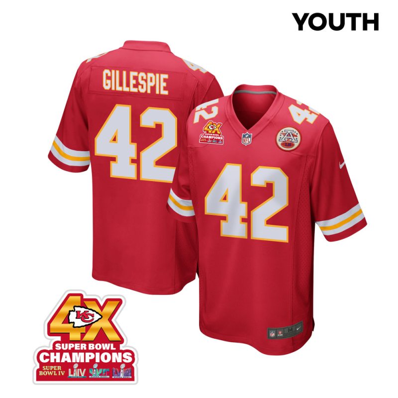 tyree gillespie 42 kansas city chiefs super bowl lviii champions 4x game youth jersey red