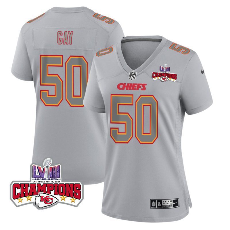 willie gay 50 kansas city chiefs super bowl lviii champions 4 stars patch atmosphere fashion game women jersey gray