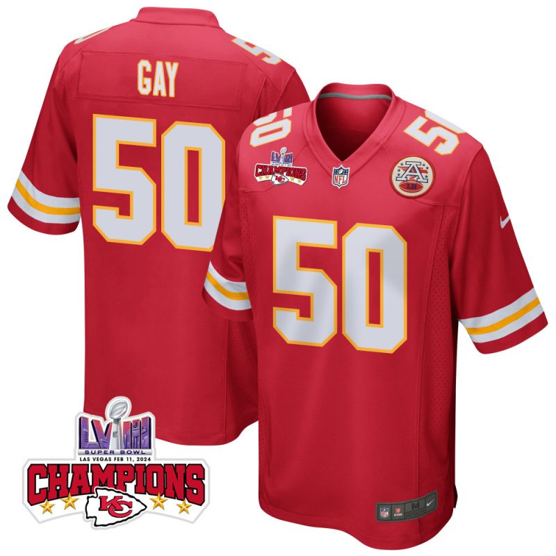 willie gay 50 kansas city chiefs super bowl lviii champions 4 stars patch game men jersey red