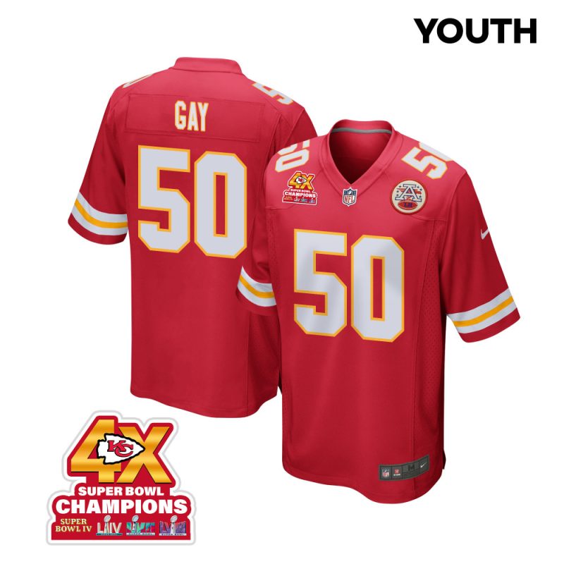 willie gay 50 kansas city chiefs super bowl lviii champions 4x game youth jersey red